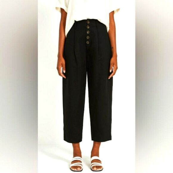 Frank & Oak High Waisted Linen Tencel Blend Crop Pant Black Sz 0 - Picture 1 of 13